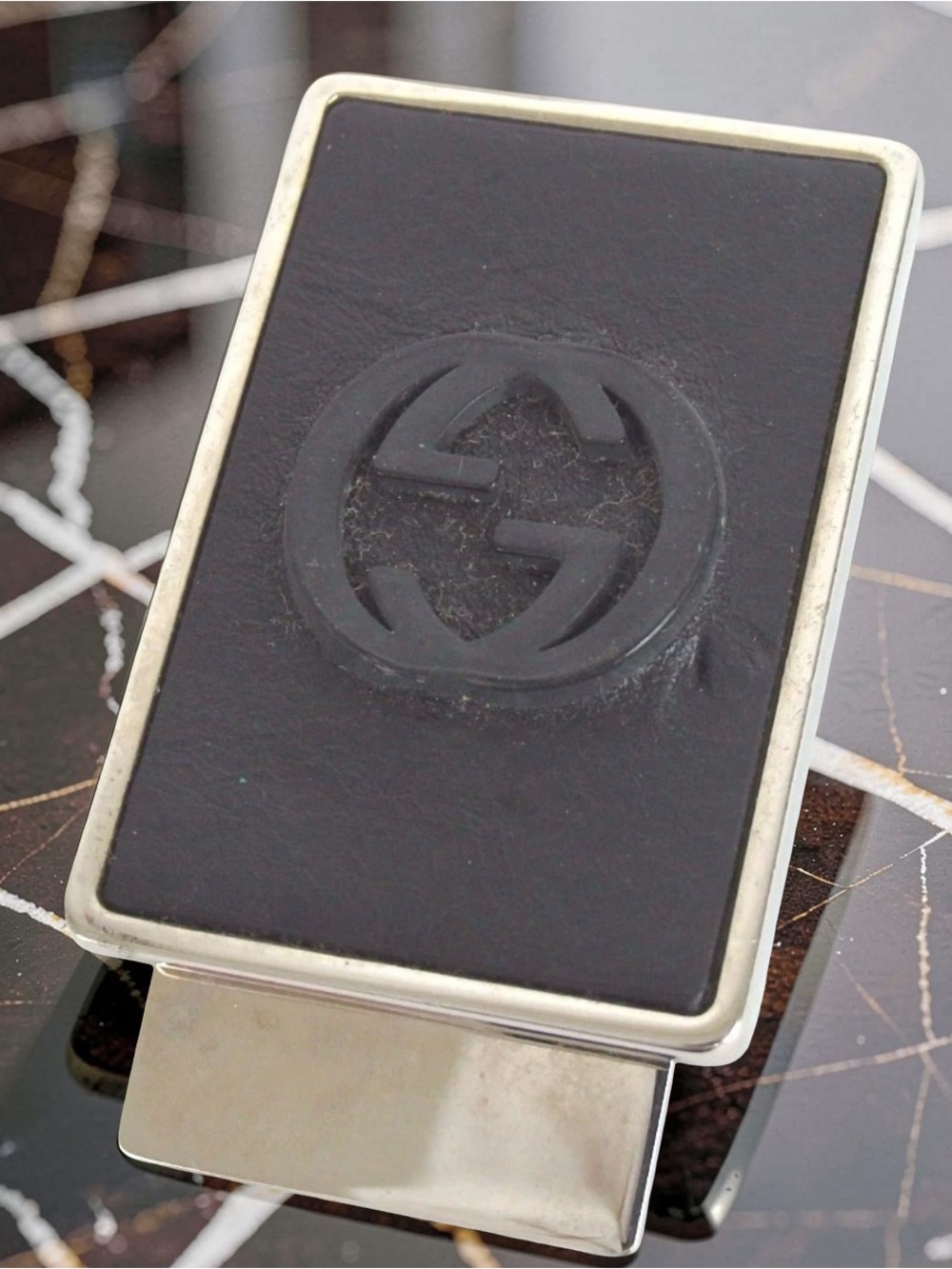 Gucci Black Leather Clip-On Phone Accessory with Silver Trim